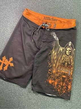 🔥 Y2K Affliction Grim Reaper Studded Cross Board Shorts Cyber Goth MMA 36